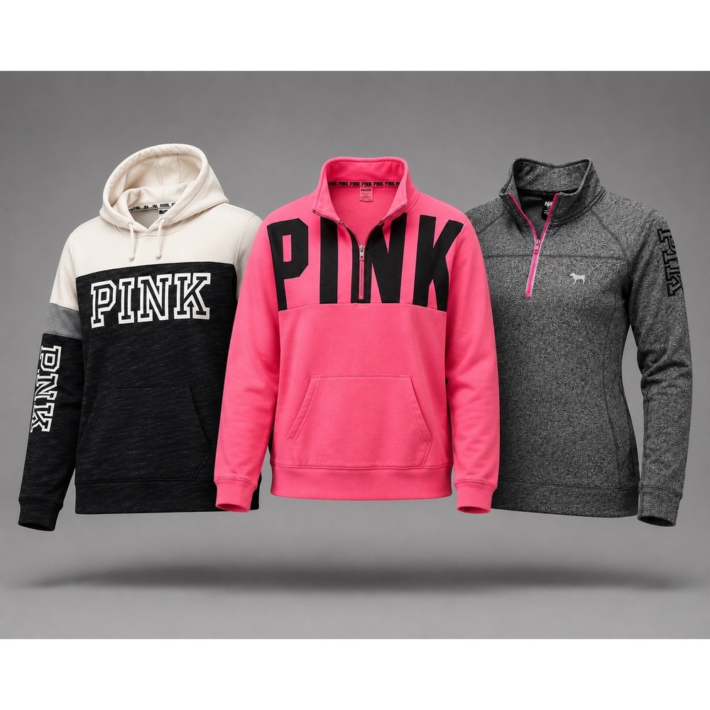 Lot of 3 Victoria's Secret PINK Sweatshirts Pullovers Pink Black Gray M L